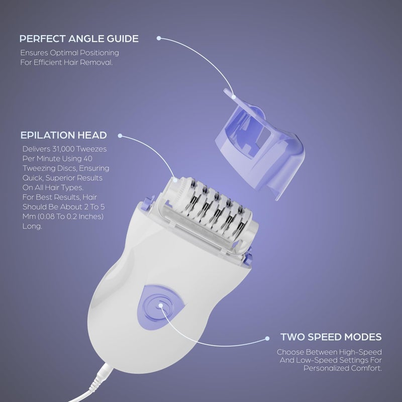 Epilady Speed Corded Epilator - Effective Hair Removal for Women and Men, Ideal for Arms, Legs, Underarms, Bikini Area, and Face, Two Speed Settings, White/Red - Image 3